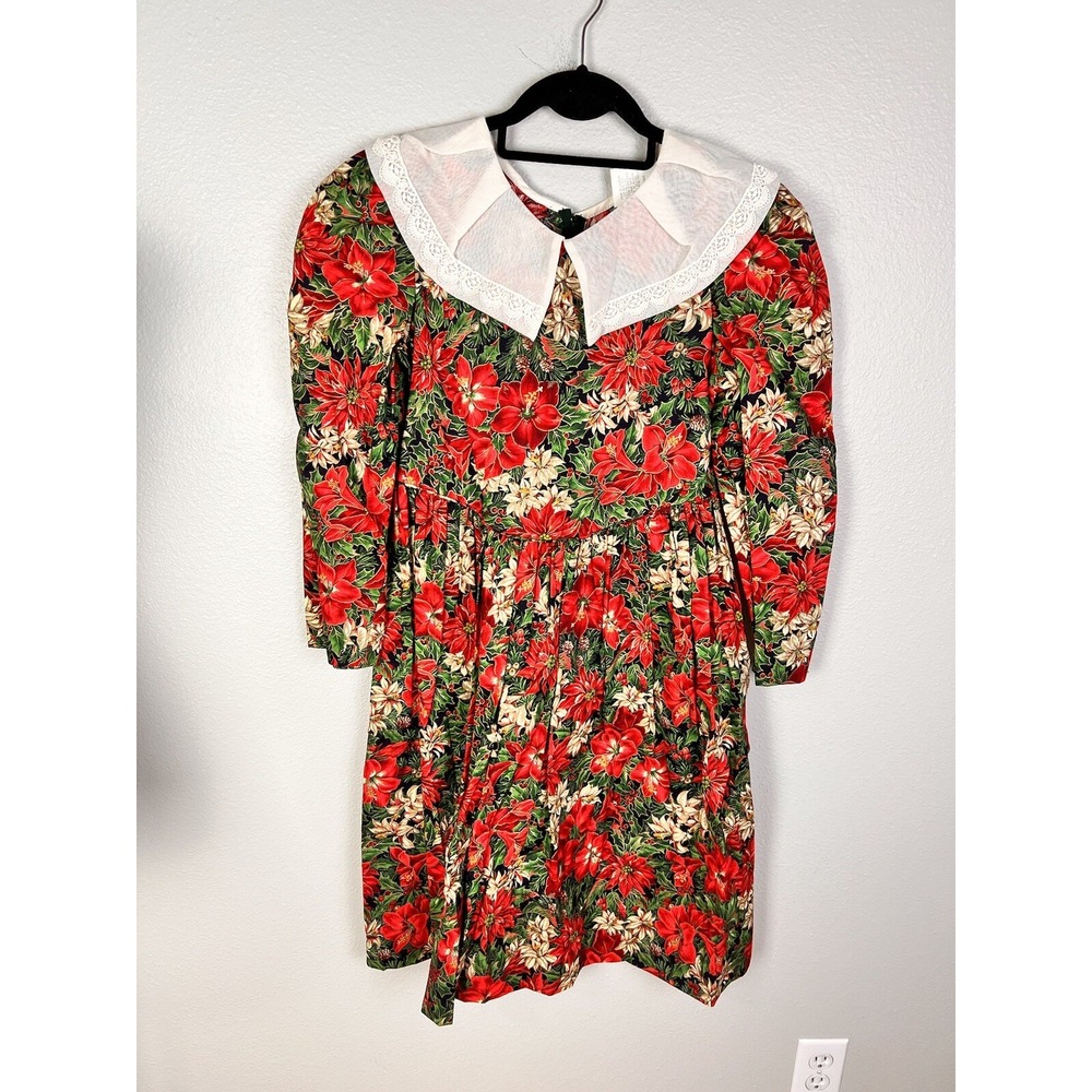Vintage Peaches N Cream Christmas Long Sleeve Dress Sz 12 1/2 Made in the‎ USA